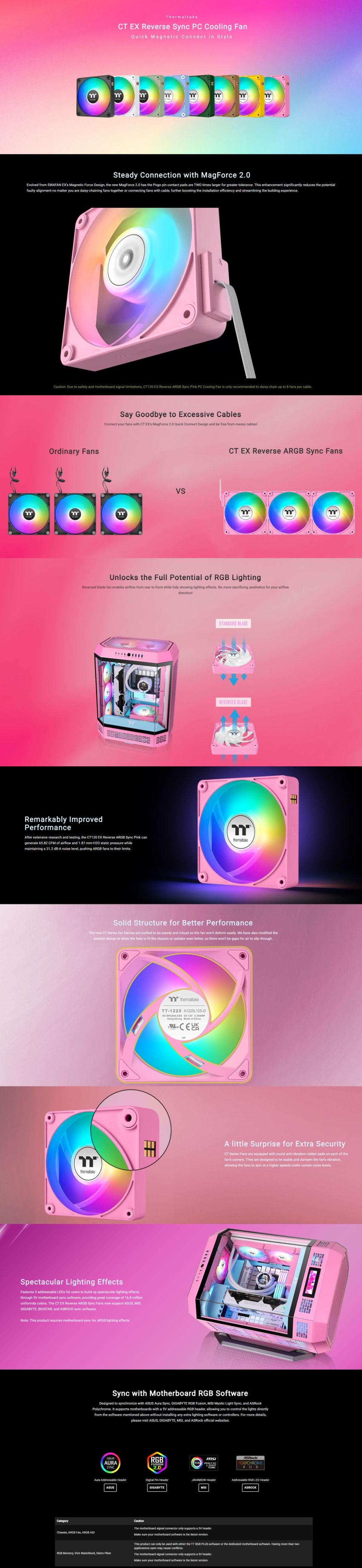 3x120mm thermaltake ct120 ex argb reverse magnetic connect case fan pink 3 pack
