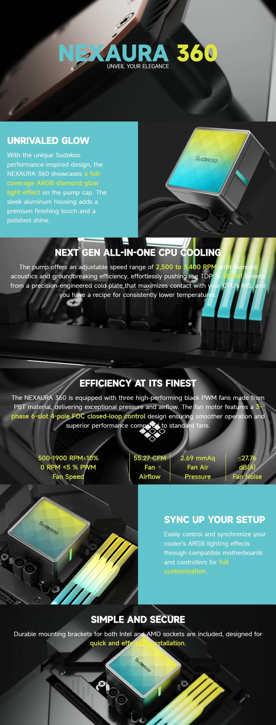 360mm sudokoo nexaura rgb cpu aio liquid cooler black