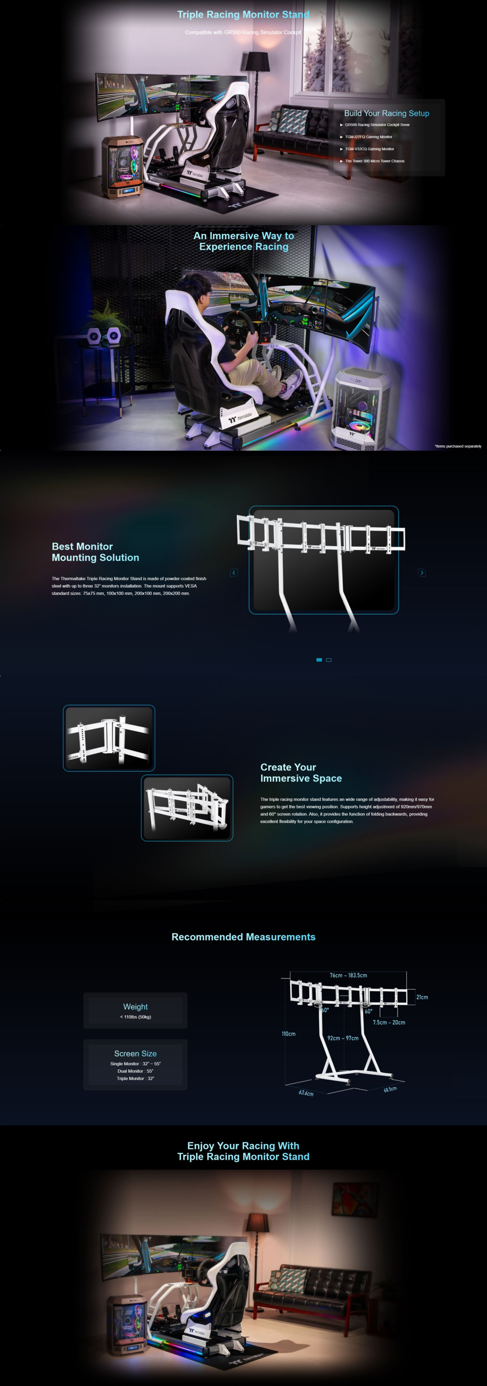 thermaltake gaming triple racing monitor stand for cockpit white