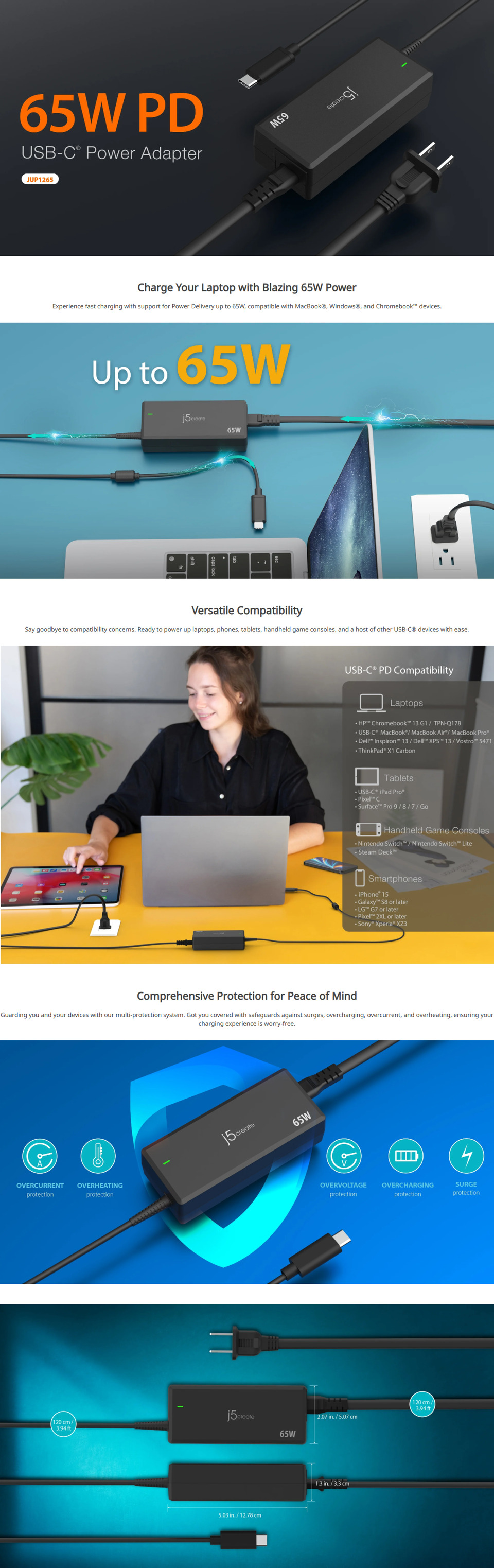 j5create jup1265 65w pd usb-c power adapter