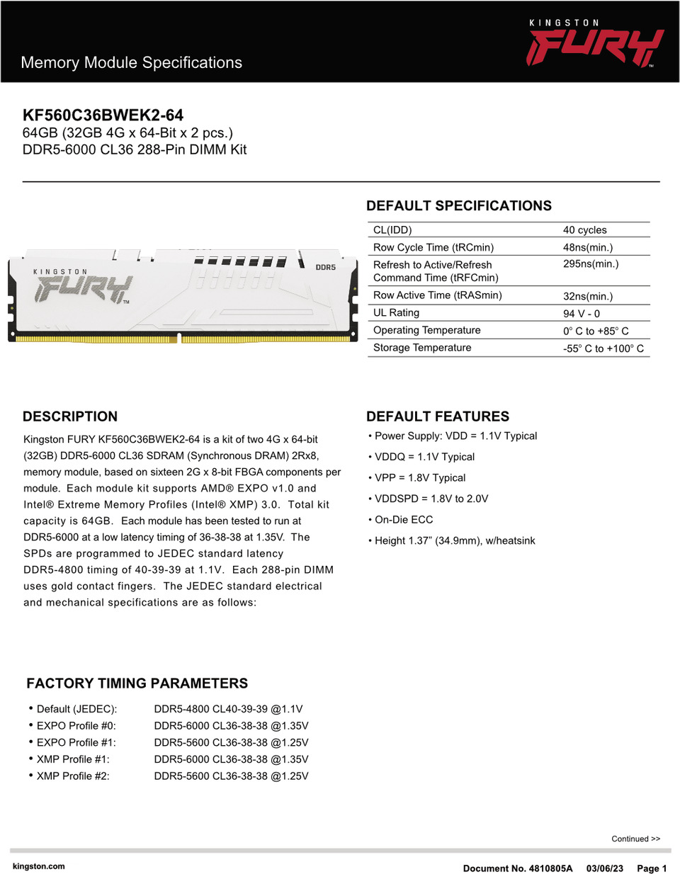 64gb 2x32gb kingston fury ddr5 6000mts cl36 desktop ram white