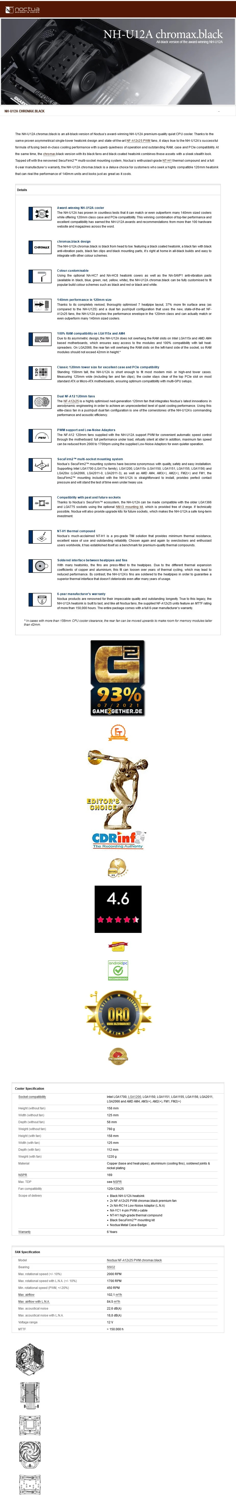 noctua nh-u12a-ch-bk multi socket cpu cooler - chromax black