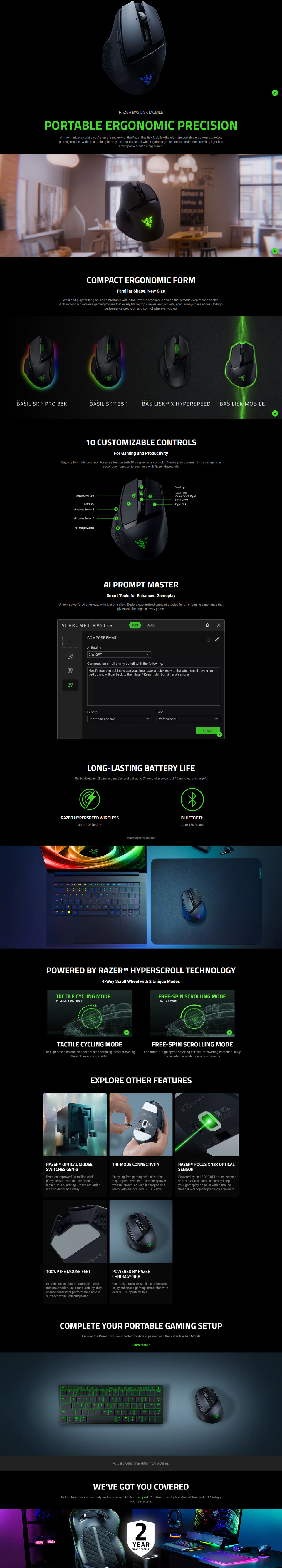 razer basilisk mobile portable ergonomic wireless gaming mouse black