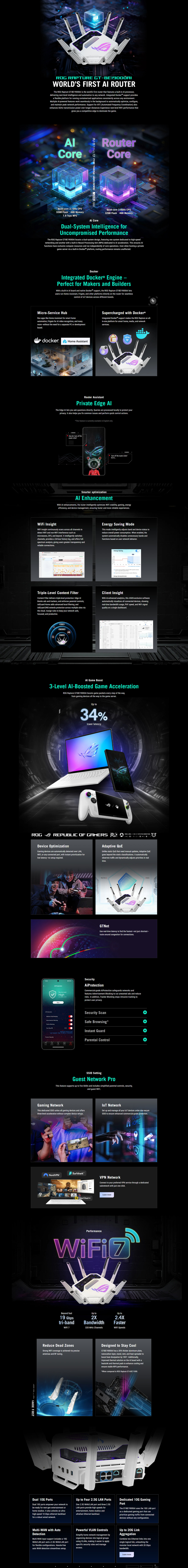 asus rog rapture gt-be19000ai be19000 tri-band wi-fi 7 gaming router white