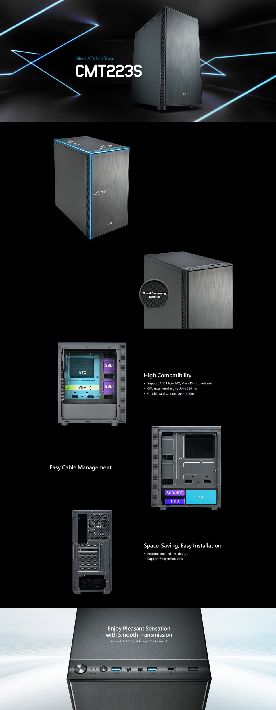 fsp cmt223s silent atx case black