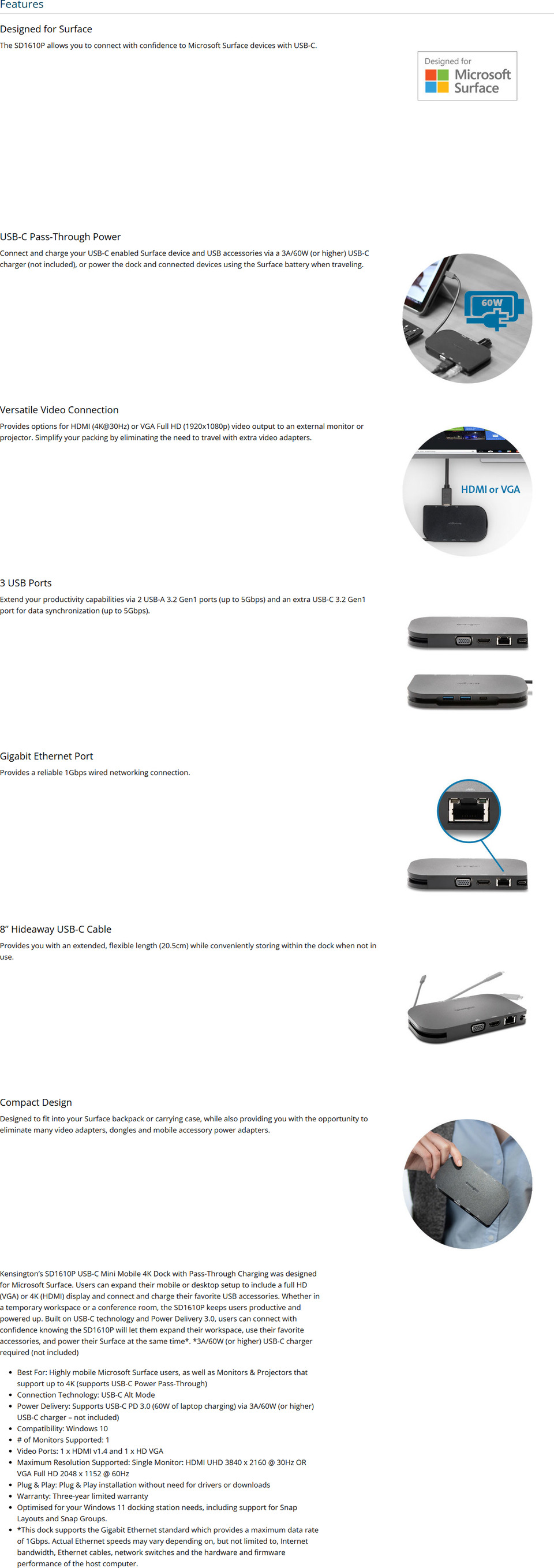 kensington sd1610p compact 60w usb-c docking station