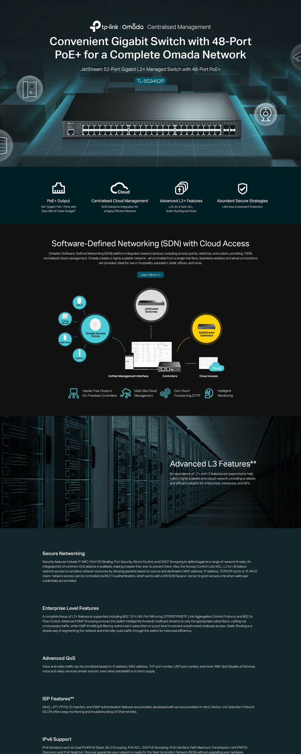 52 port tp-link tl-sg3452p jetstream gigabit l2 managed switch with 48-port poe