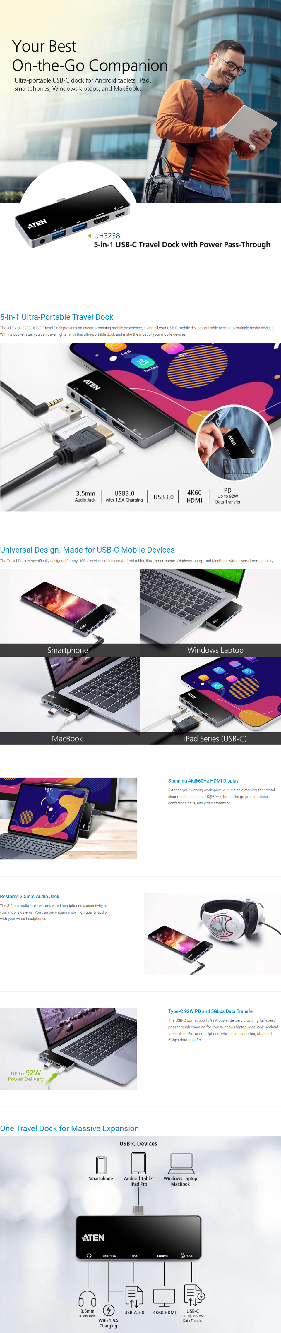 aten uh3238 usb-c travel dock with power pass-through