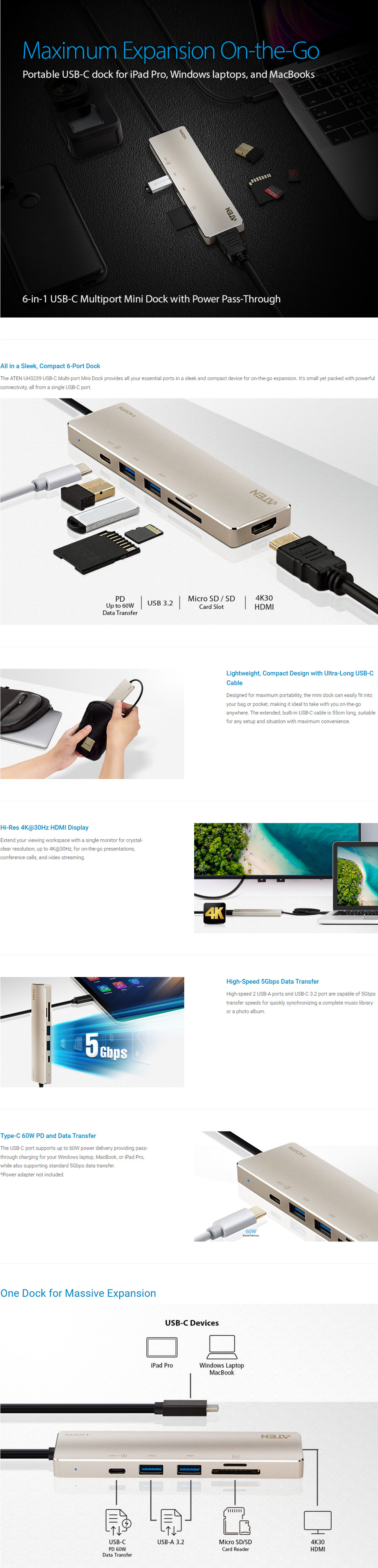 aten uh3239 usb-c multiport mini dock with power pass-through