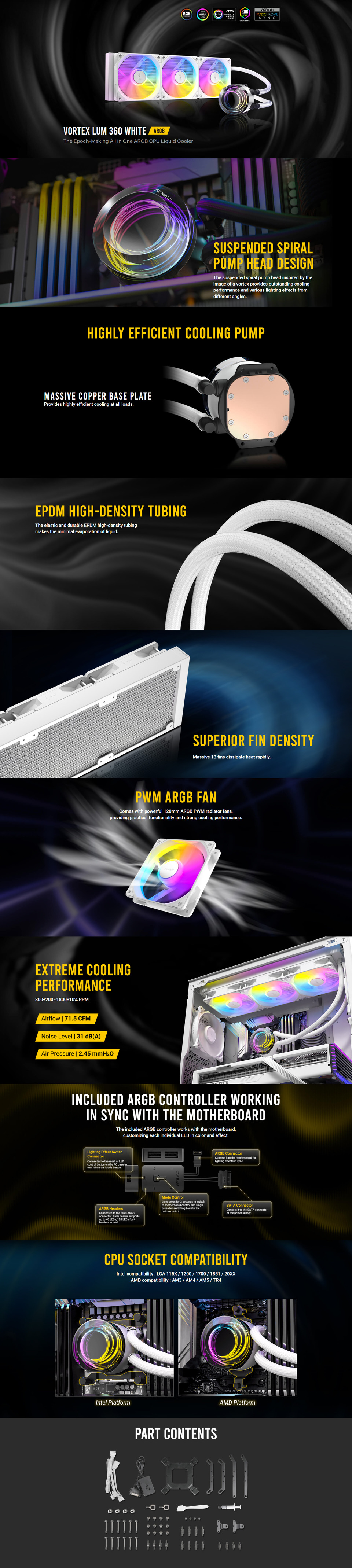 360mm antec vortex lum 360 argb liquid cpu cooler white