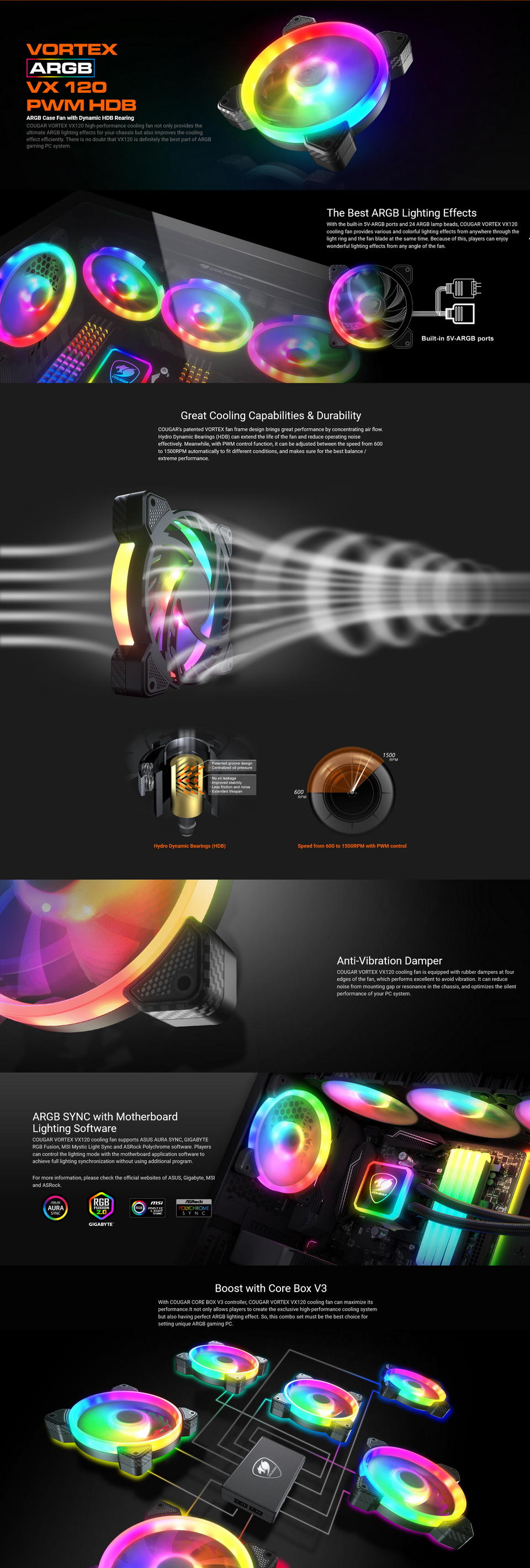 120mm cougar vortex argb vx120 pwm hdb case fan