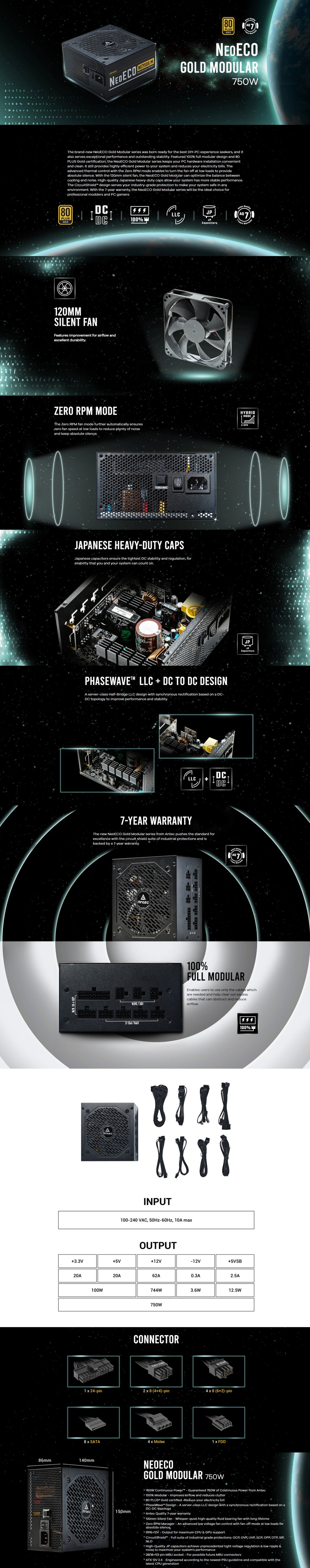 750 watt antec ne750g m 80 gold modular atx power supply