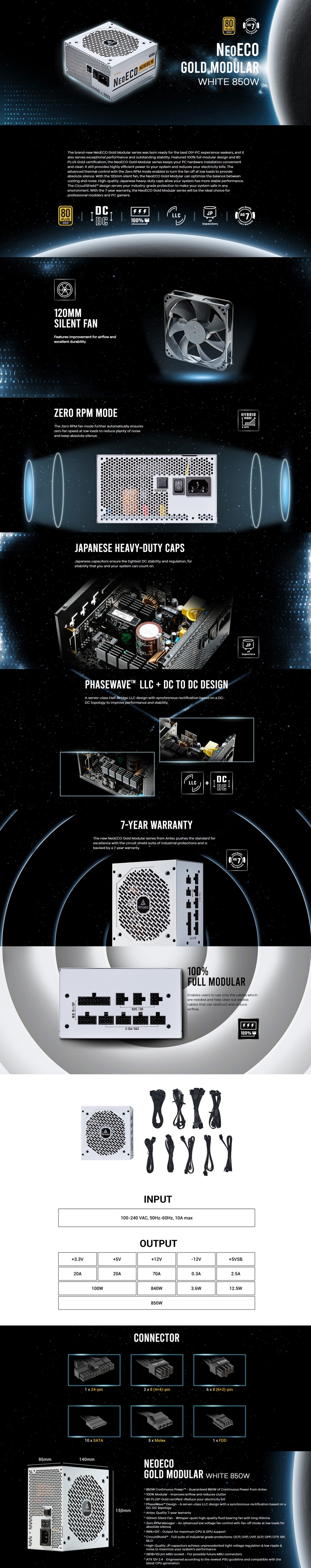 850 watt antec ne850g m white 80 gold modular atx power supply