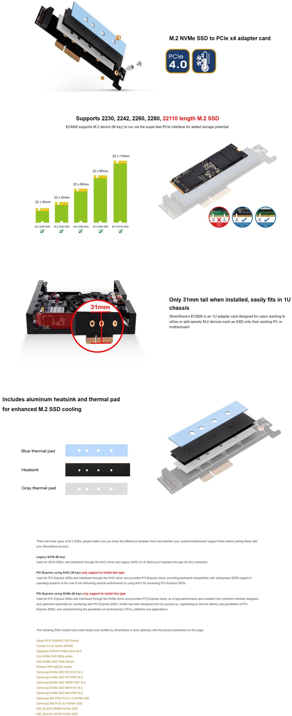 silverstone sst-ecm26 v2 m2 nvme ssd to pciex4 1u adapter card