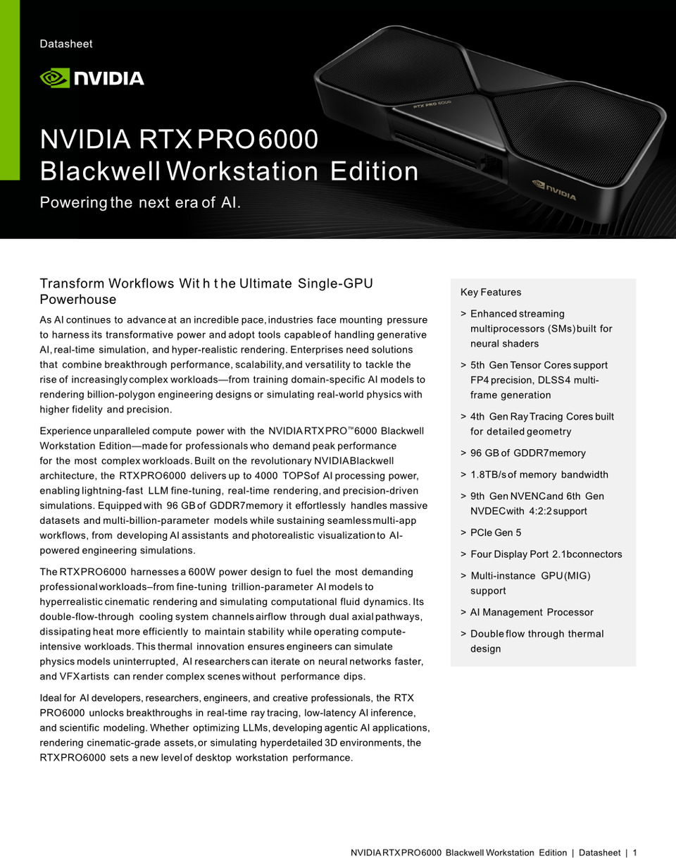 nvidia rtx pro 6000 blackwell 96gb workstation graphics card