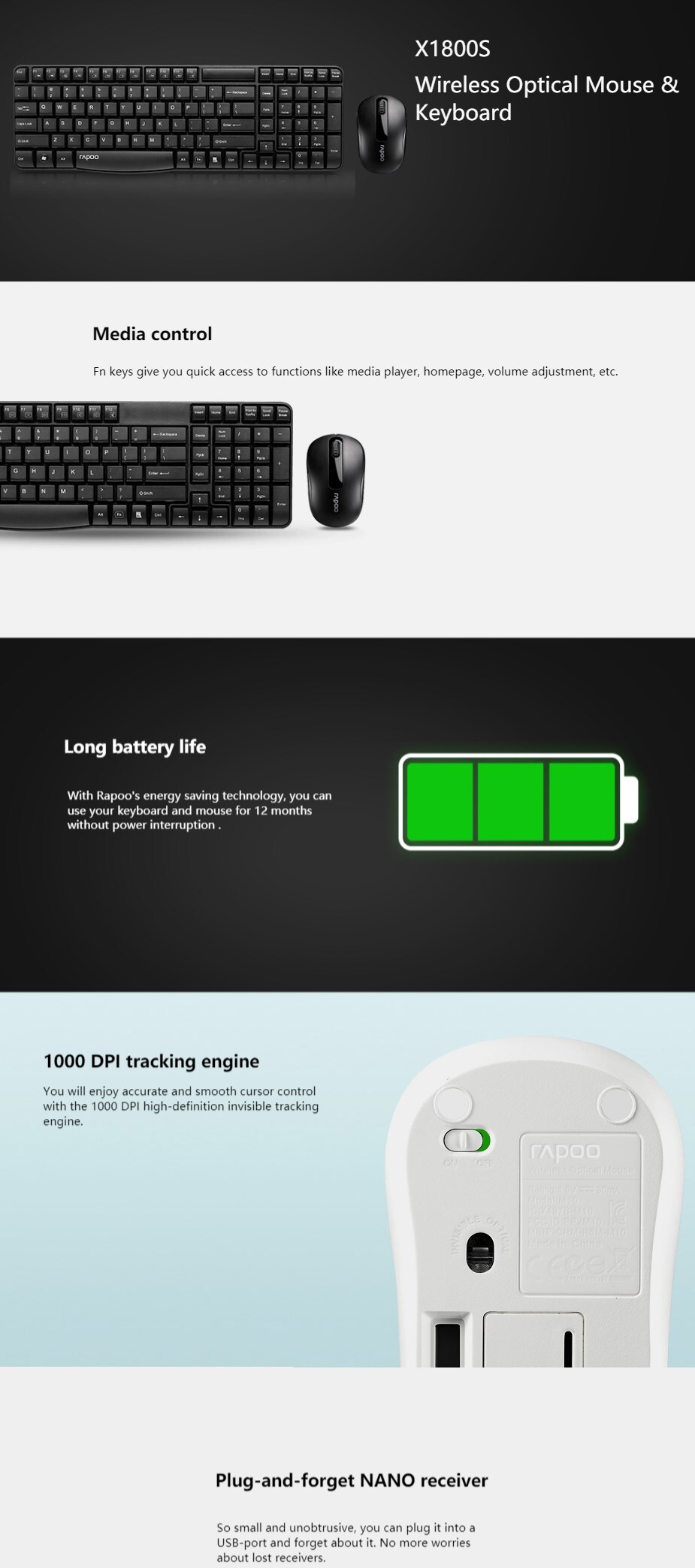 rapoo x1800s 24ghz wireless optical keyboard mouse combo x1800s-black