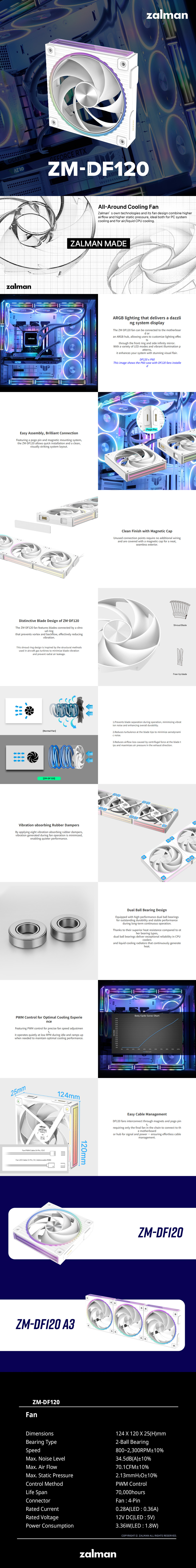 120mm zalman zm-df120 argb magnetic connect case fan white