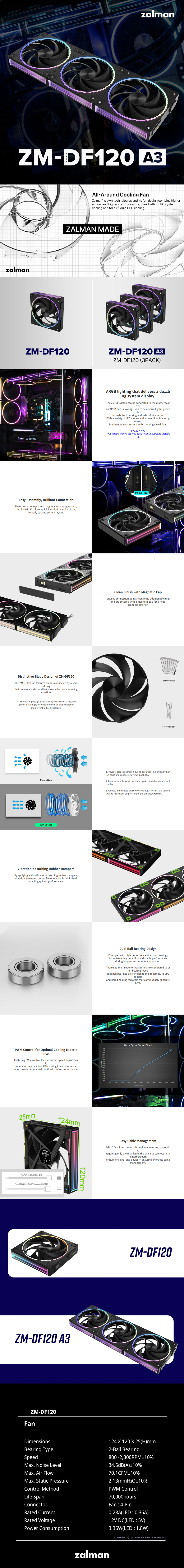 3x120mm zalman zm-df120 a3 argb magnetic connect case fan black 3 pack