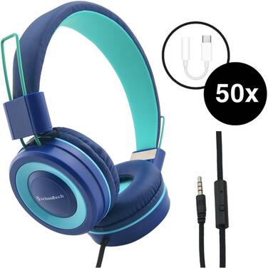 SchoolTech Extra Sturdy Headphones with Mic and USB-C Adapter 50 Pack