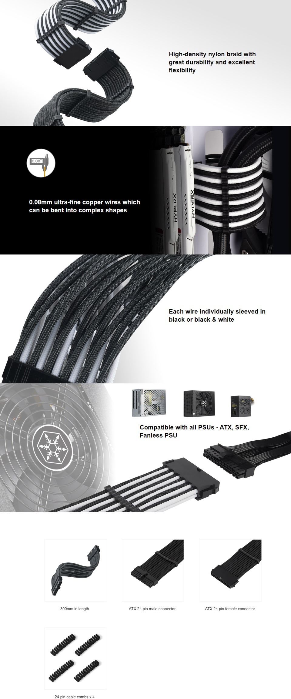 silverstone pp07e-mbbw blackwhite 24-pin extension cable