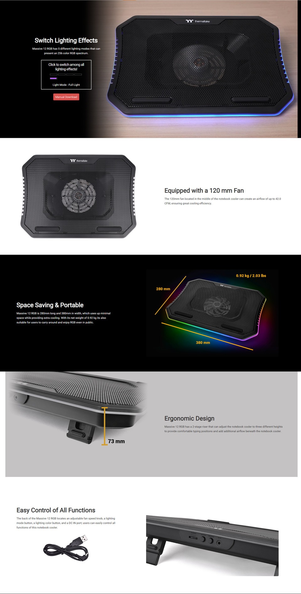 thermaltake massive 12 rgb notebook cooler cl-n020-pl12sw-a