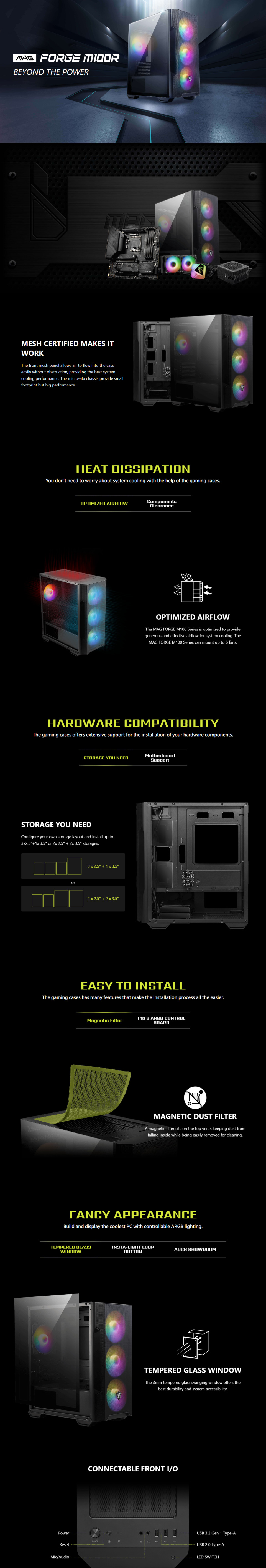 msi mag forge m100r tempered glass black micro-atx case