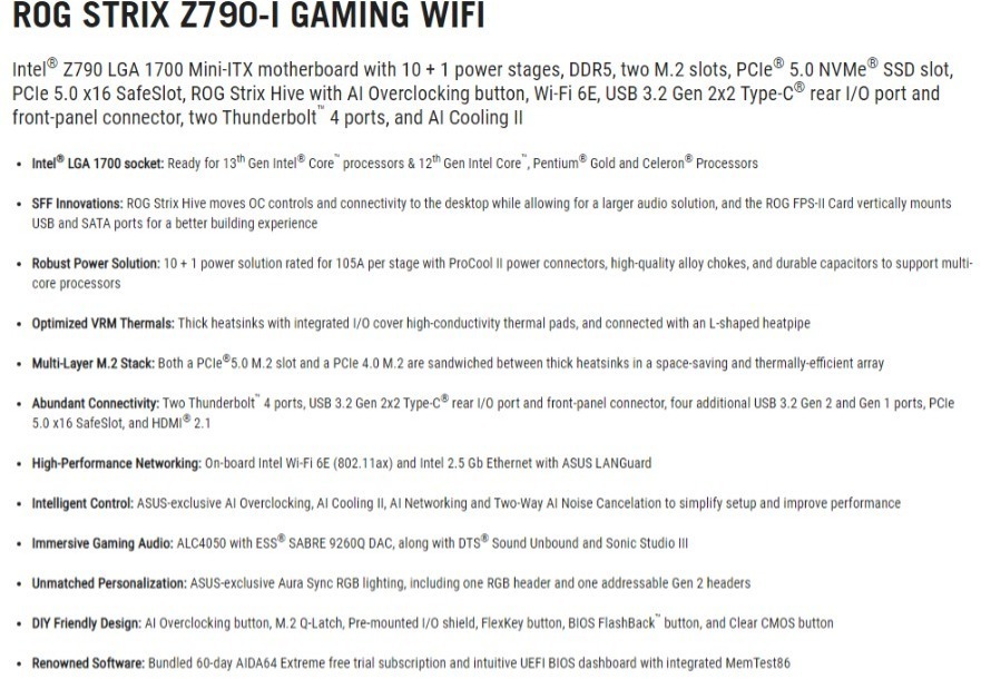 asus s1700 atx rog strix z790-i gaming wifi ddr5 motherboard