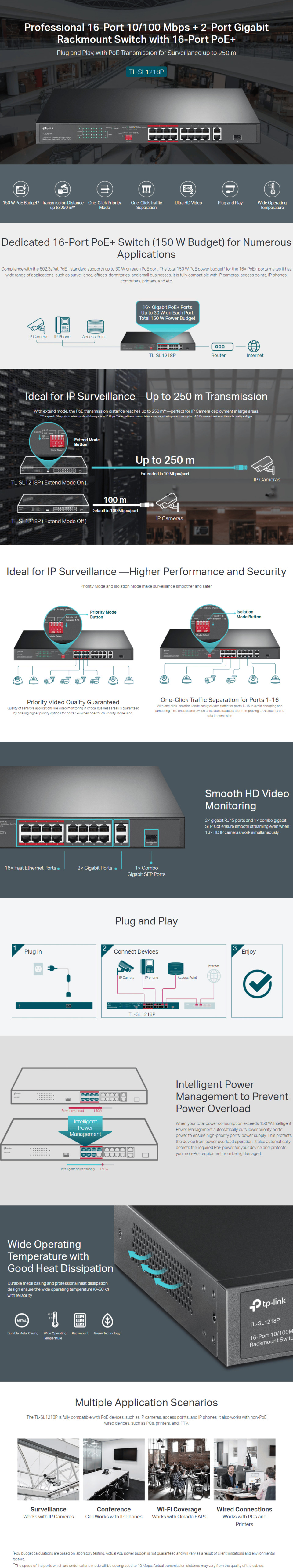 16 port tp-link tl-sl1218p gigabit managed switch with poe