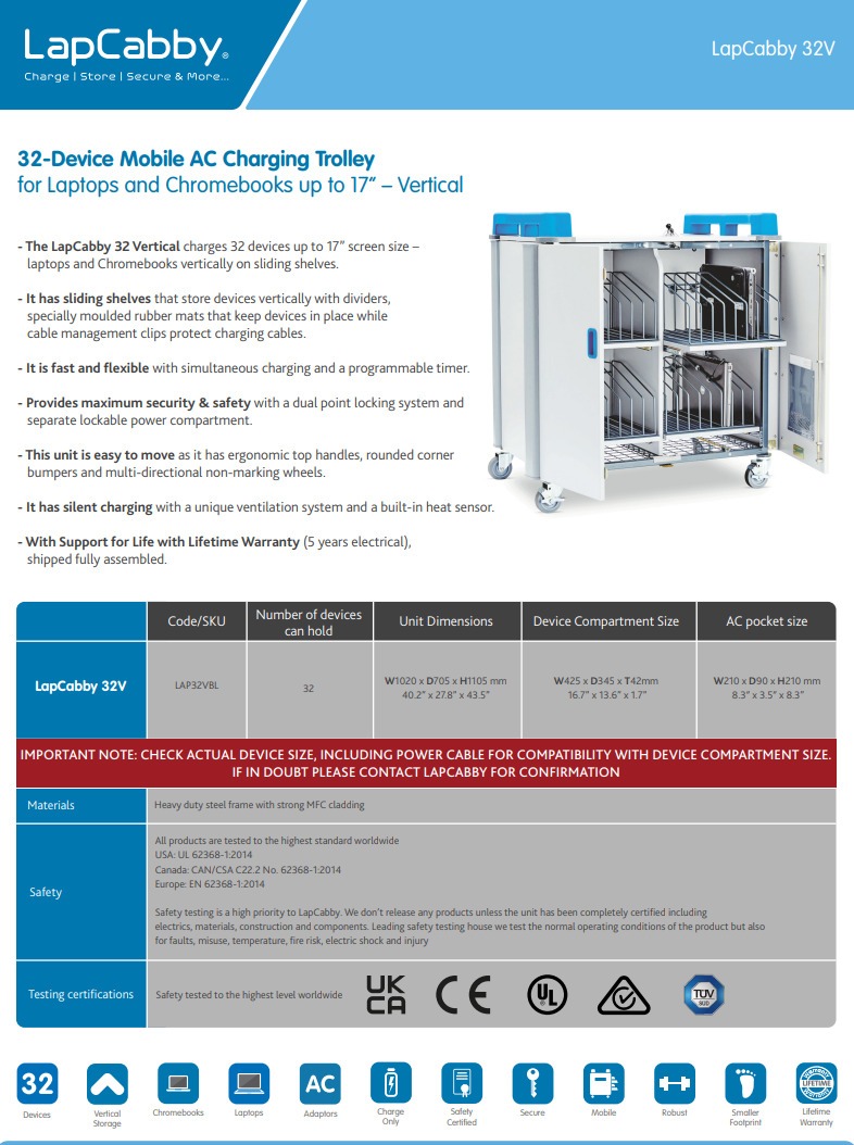 lapcabby vertical 32-device mobile ac charging trolley pn lap32v