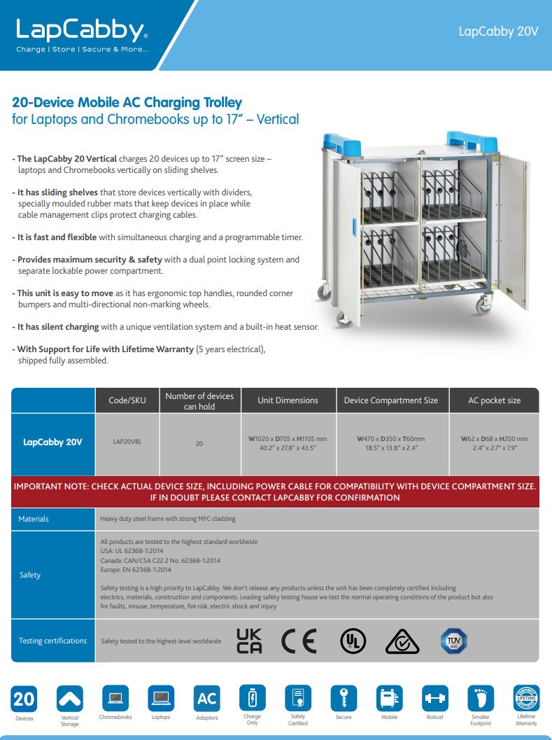 lapcabby vertical 20-device mobile ac charging trolley pn lap20v