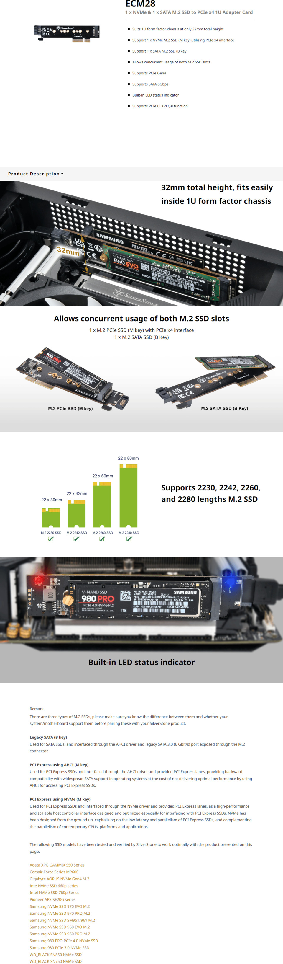 silverstone ecm28 1x nvme m key 1x sata b key m2 ssd to pci-e