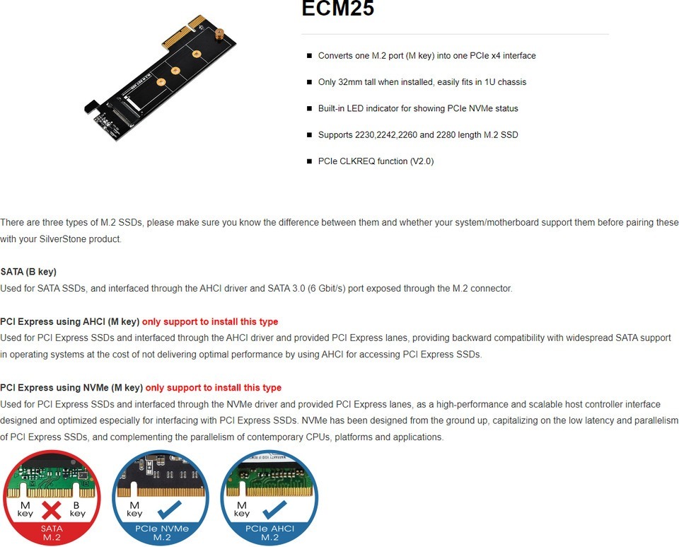 silverstone ecm-25 v2 m2 nvme to pcie low profile adapter card