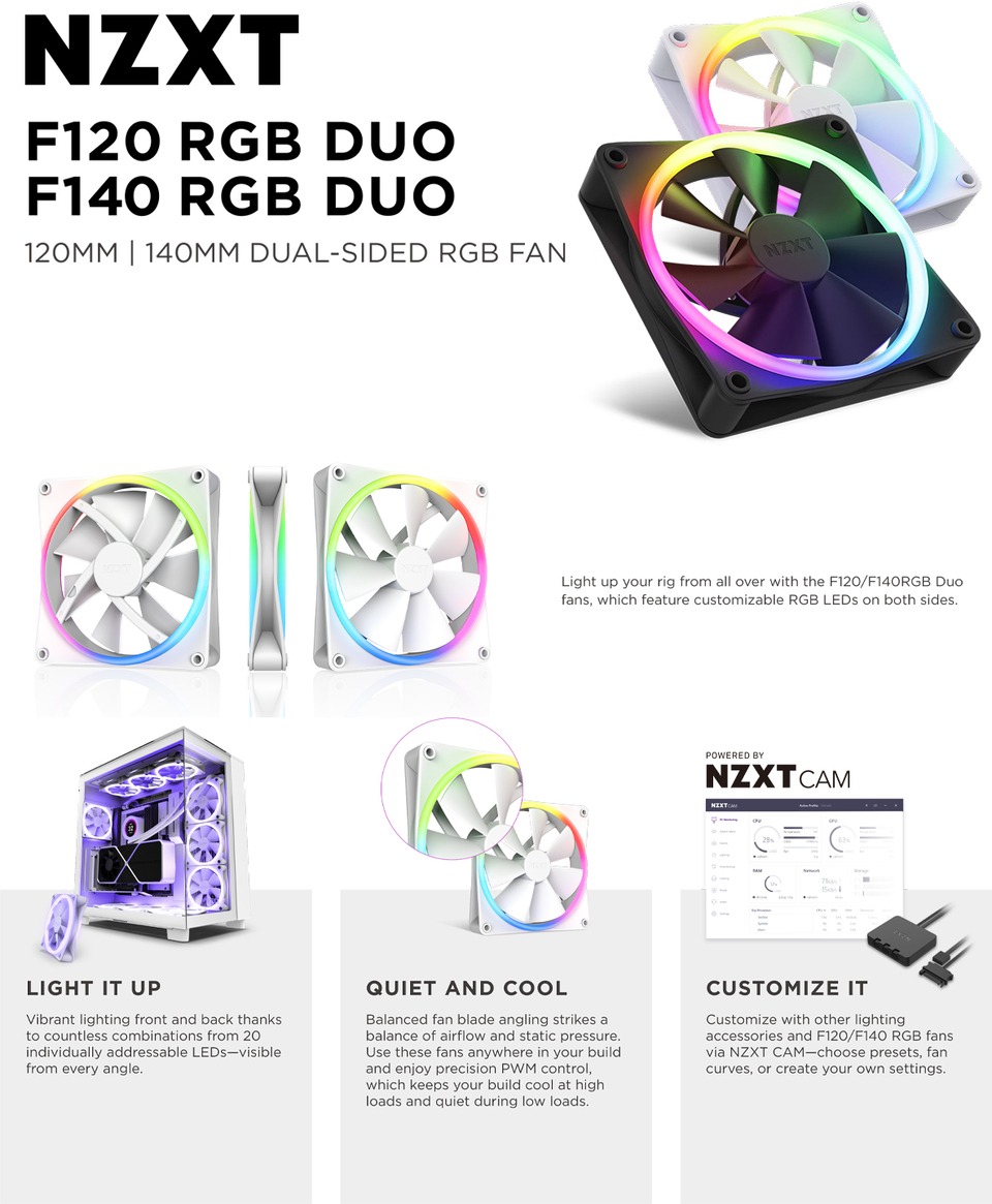 3 x 120mm nzxt f120rgb duo black case fan rf-d12tf-b1