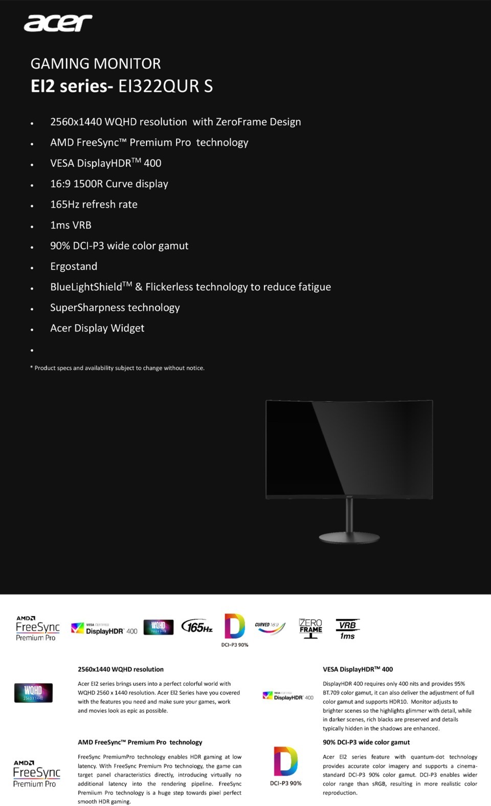 32 acer ei322qurs 165hz fhd 1ms curved freesync gaming monitor