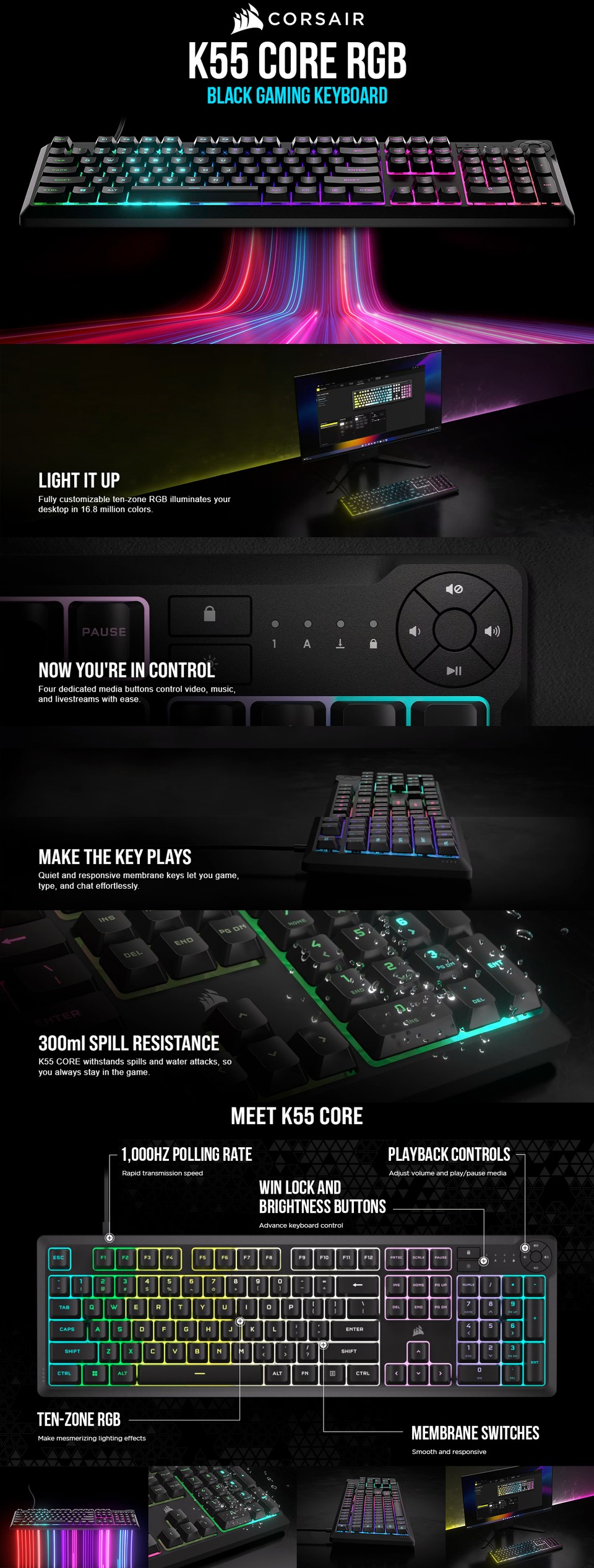 corsair k55 core rgb wired gaming keyboard black