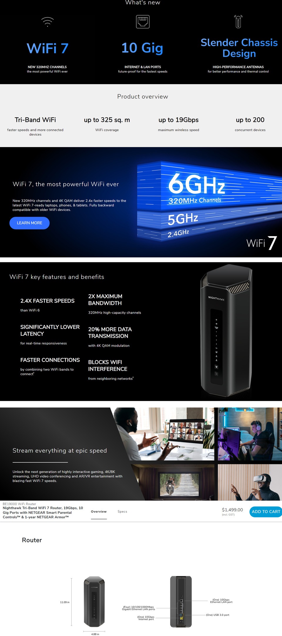 netgear nighthawk wifi 7 be19000 12-stream tri-band wifi 7 router - rs700s-100aps