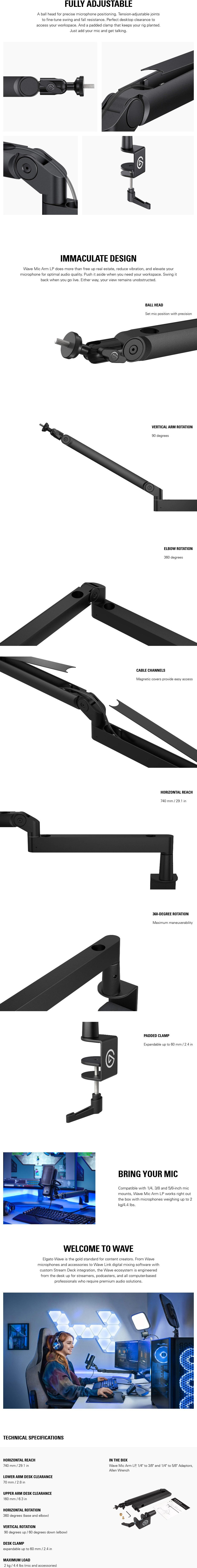 elgato wave mic arm low profile black 10aam9901