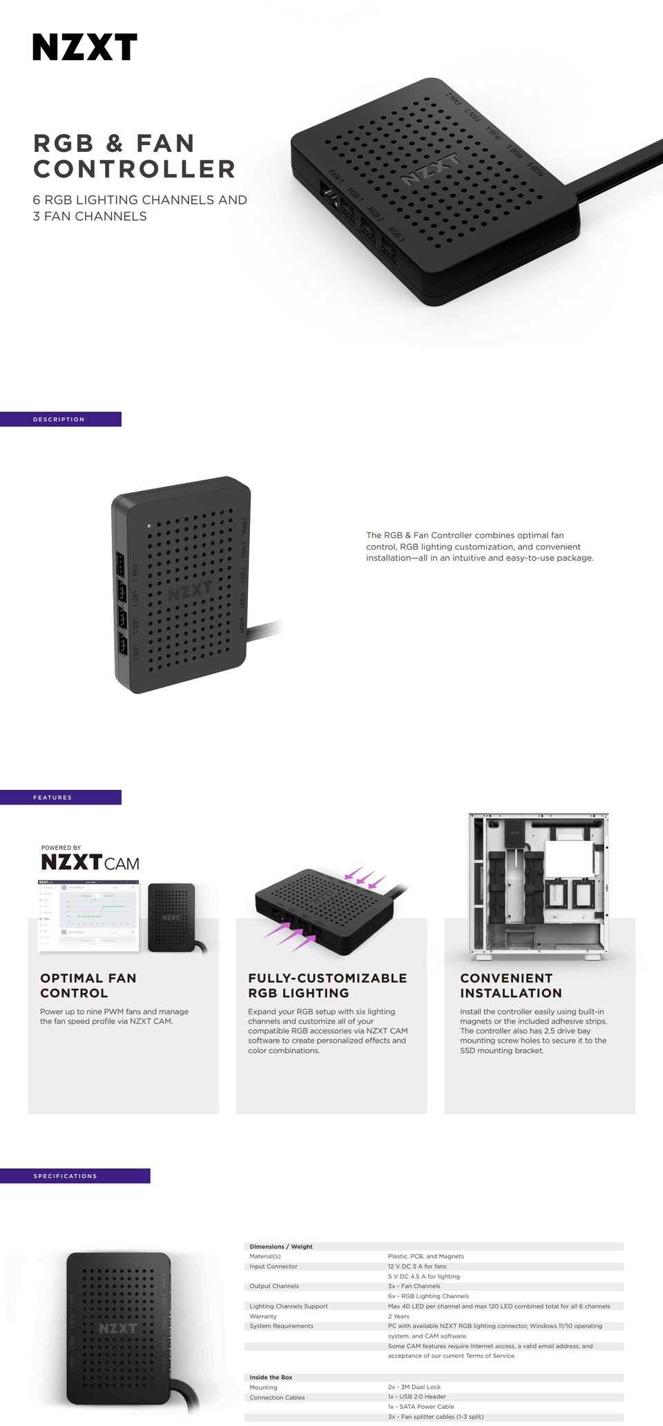 nzxt rgb fan controller - 6x rgb channels - 3x pwm fan channels pn ac-crfr0-b1