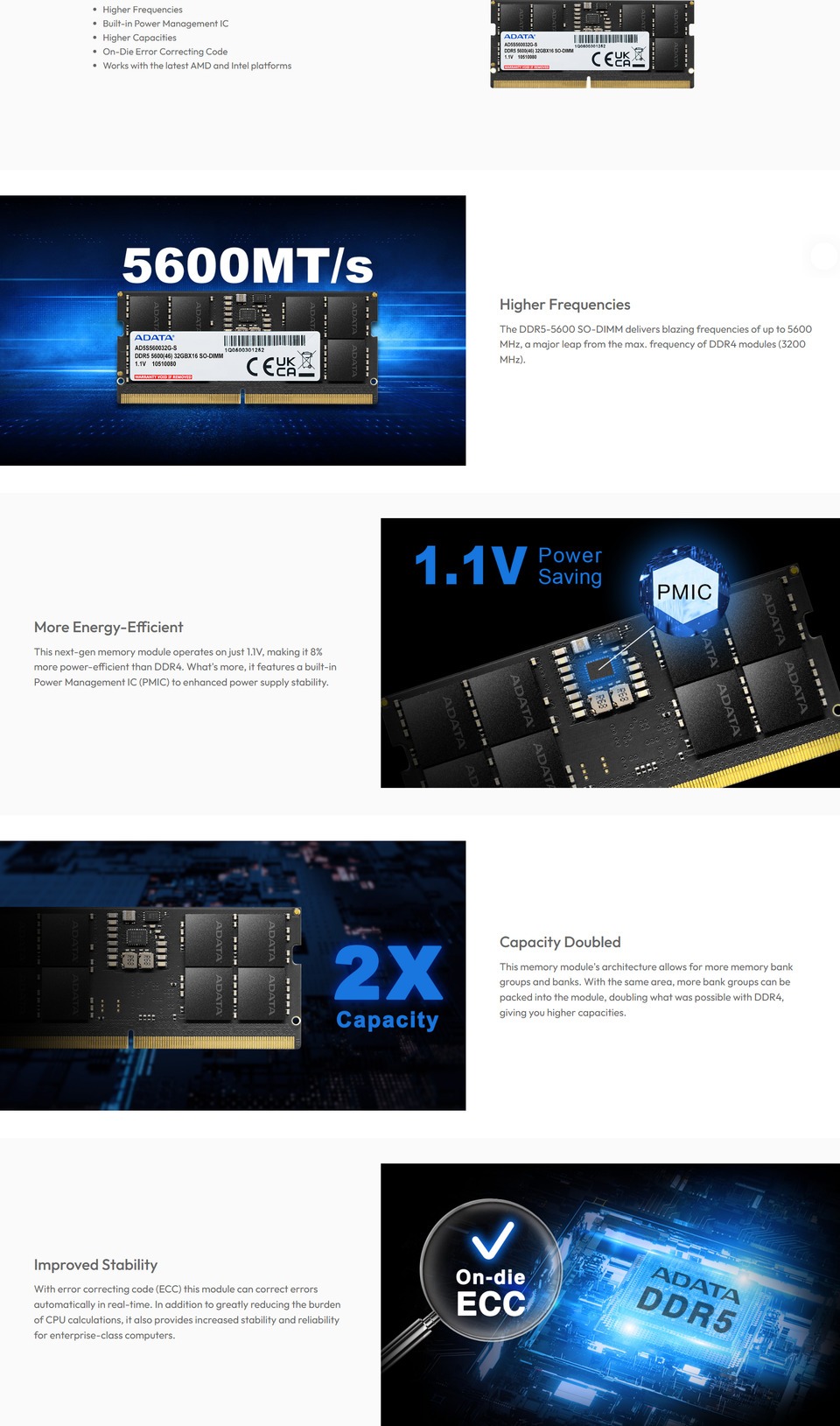 8gb sodimm ddr5 adata 5600mhz ram for notebooks ad5s56008g-s