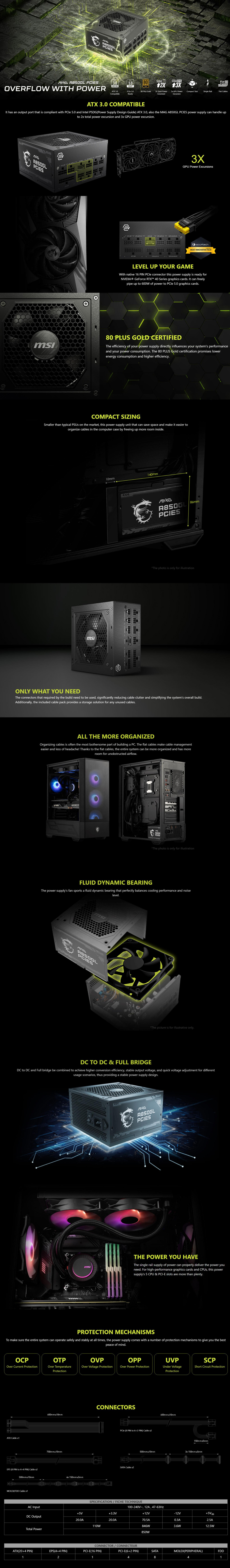 850 watt msi mag a850gl gold full modular gen5 power supply