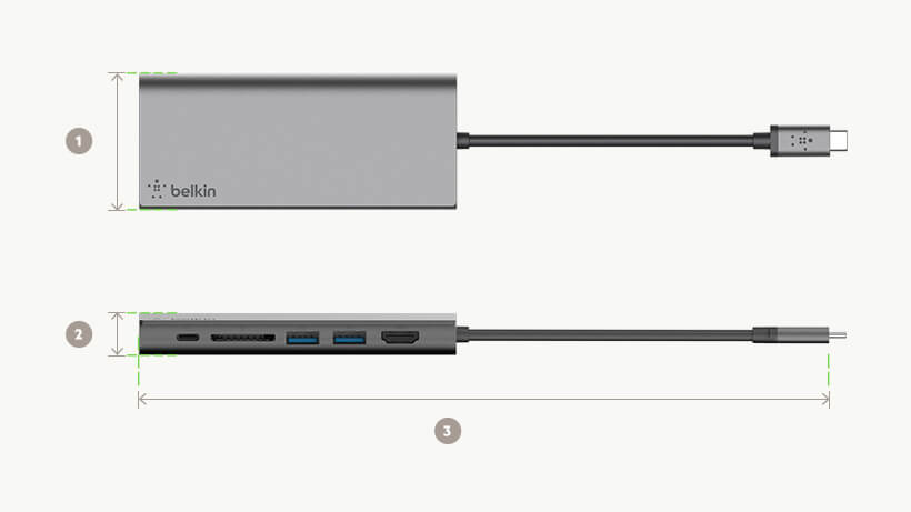 10.2mm/0.8in x 69.9mm/2.75in x 173.55mm/6.83in Belkin USB-Câ„¢ Multimedia Hub dimensions diagram