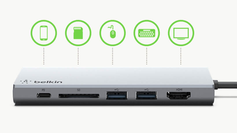 Offers USB-A, USB-C, HDMI, ethernet and SD card ports Ports on the Belkin USB-Câ„¢ Multimedia Hub