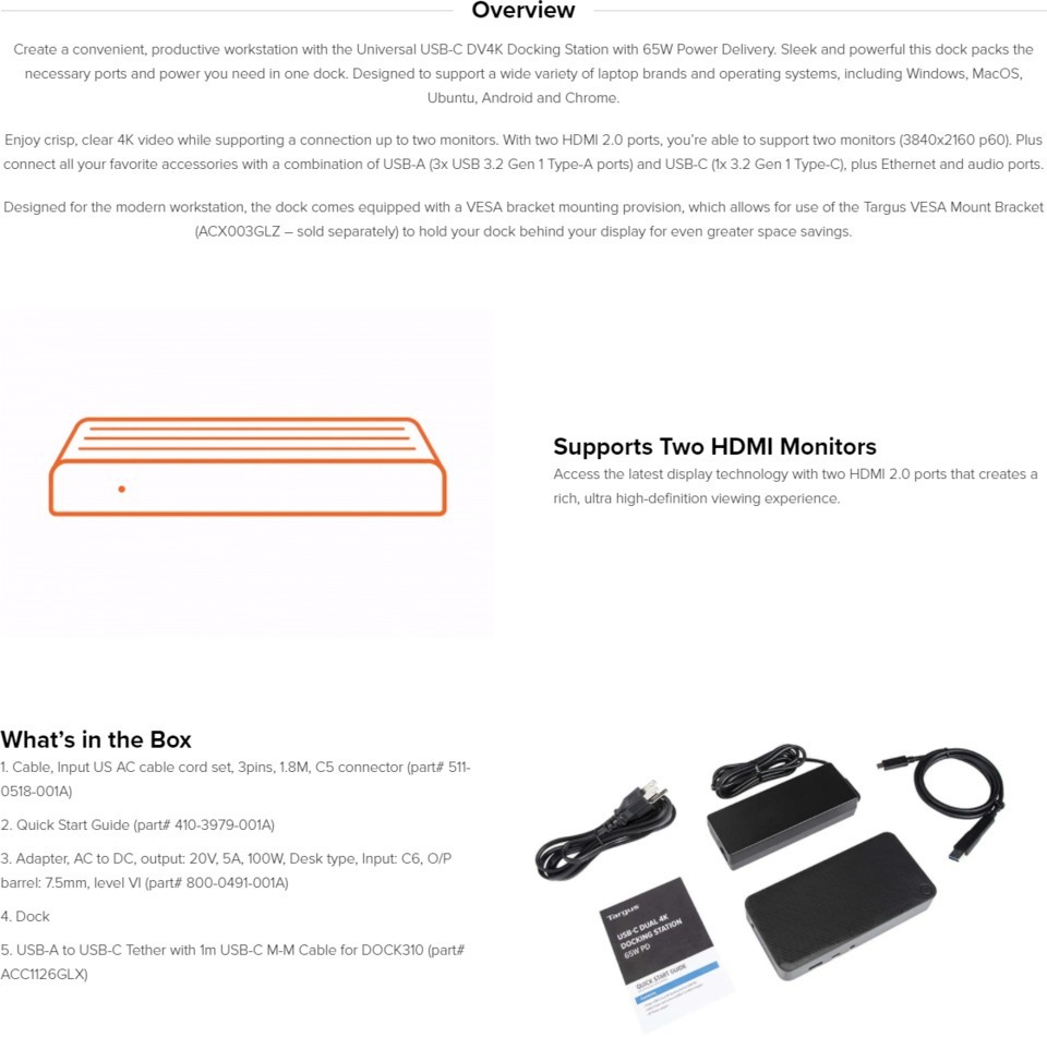targus universal usb-c dv4k docking station with 65w pd