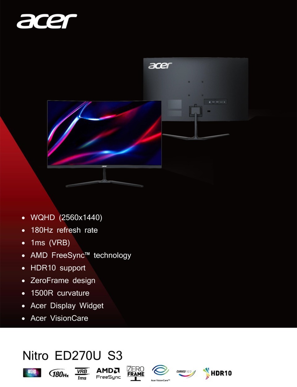 27 acer nitro ed270u s3 qhd 180hz va curved gaming monitor