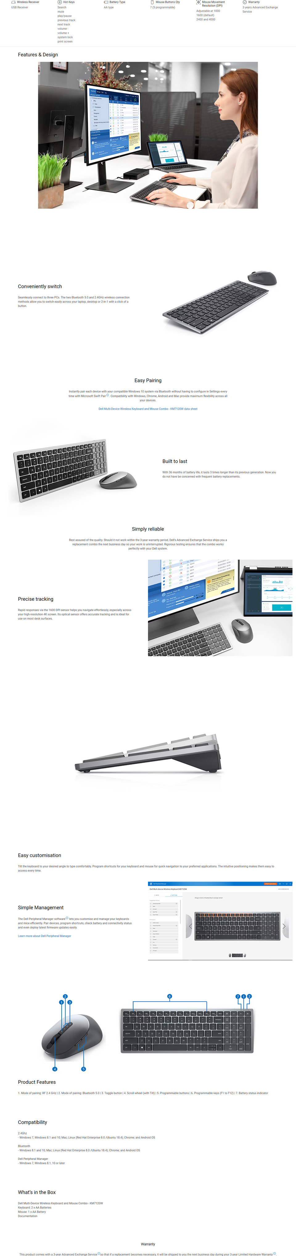dell km7120w wireless keyboard mouse combo multi-device