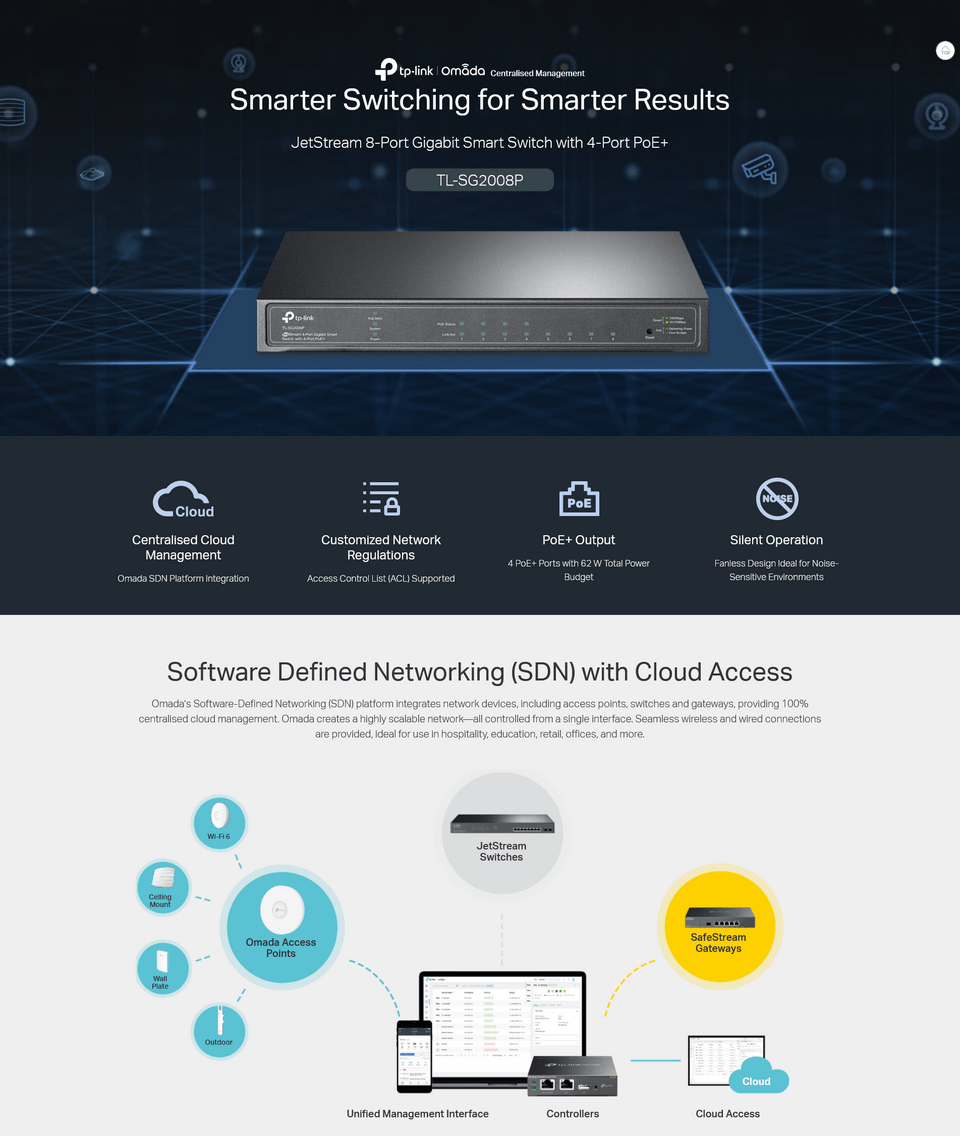 8-port tp-link tl-sg2008p jetstream gigabit smart switch with 4-port poe