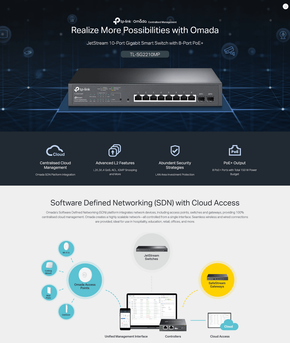 10-port tp-link tl-sg2210mp jetstream gigabit smart switch with 8-port poe