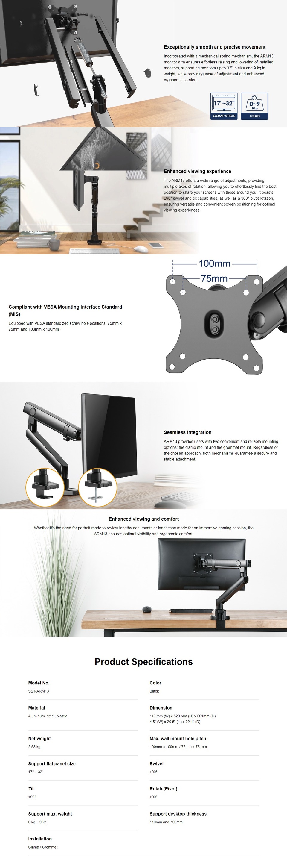 silverstone arm13 mechanical spring monitor mount