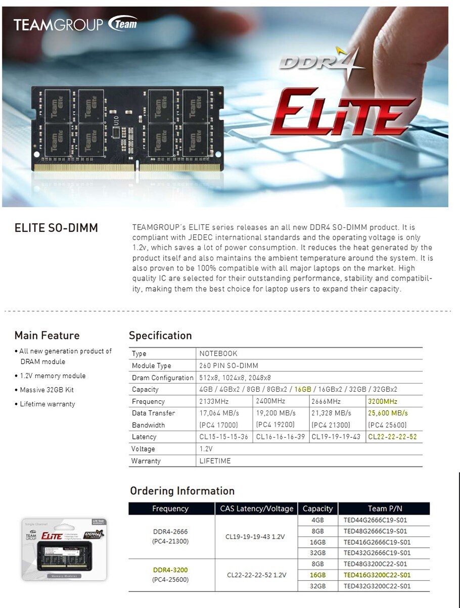32gb ddr4 team elite 3200mhz sodimm ram ted432g3200c22-s01