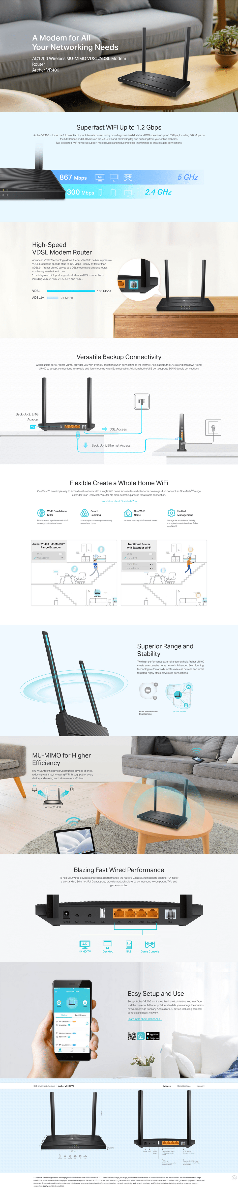 tp-link archer vr400 v3 vdsladsl2 modem routerdual band wireless-ac1200
